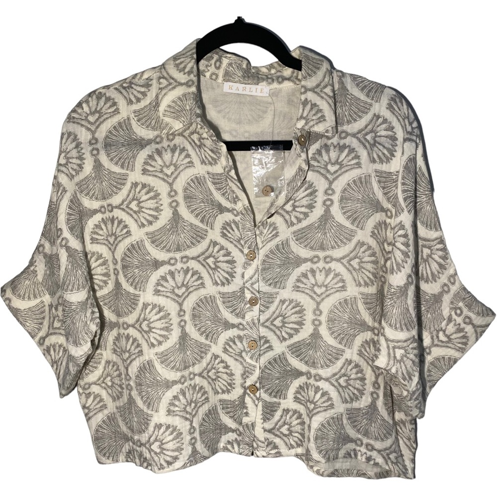 Karlie Womens Small Vintage Fan Top‎ Blouse Button Up Collared Seashells Boxy